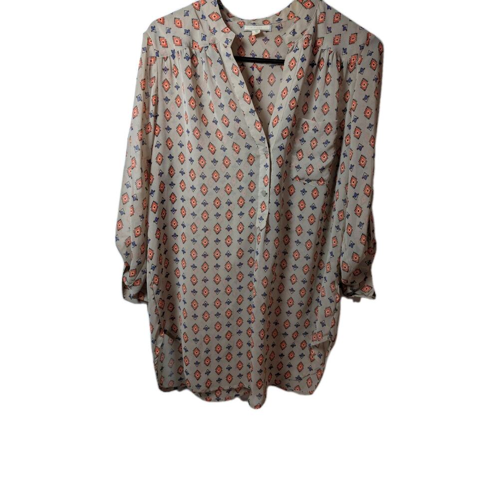 PLEIONE Anthropologie Women's Size Small Split Neck Top Blouse Boho Shirt Aztec